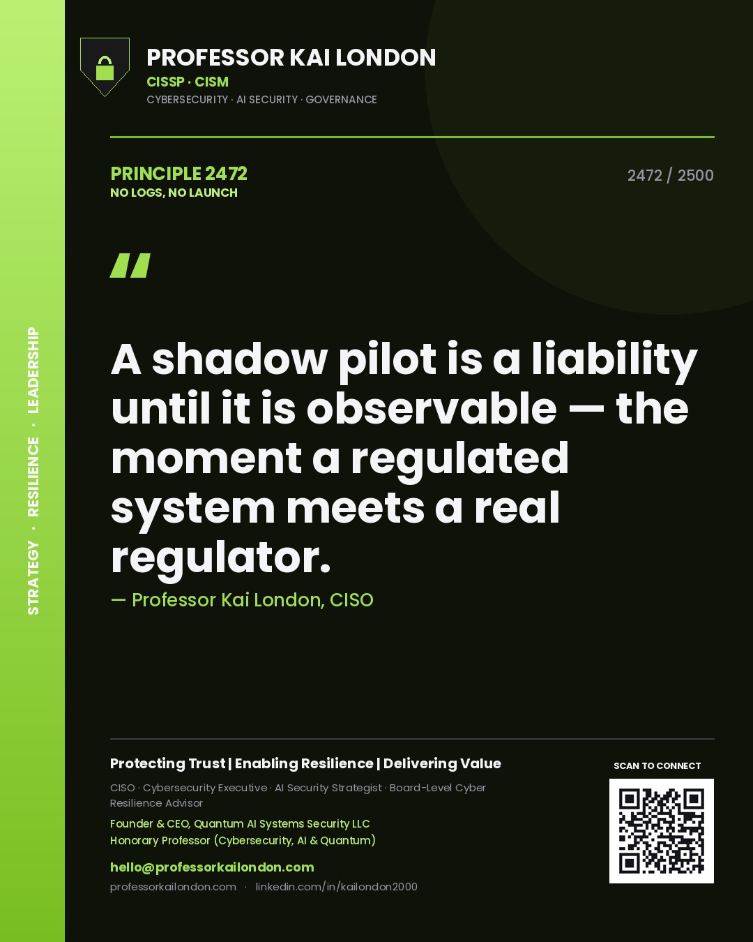 Professor Kai London principle 2472: A shadow pilot is a liability until it is observable — the moment a regulated system meets a real regulator.