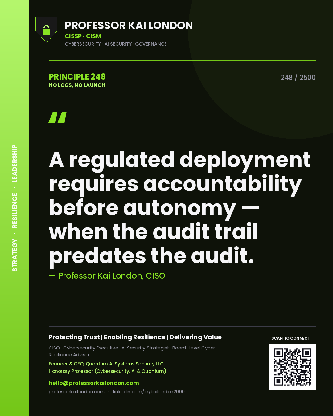 Quote card by Professor Kai London reading 'A regulated deployment requires accountability before autonomy — when the audit trail predates the audit.'. From the book No Logs, No Launch.