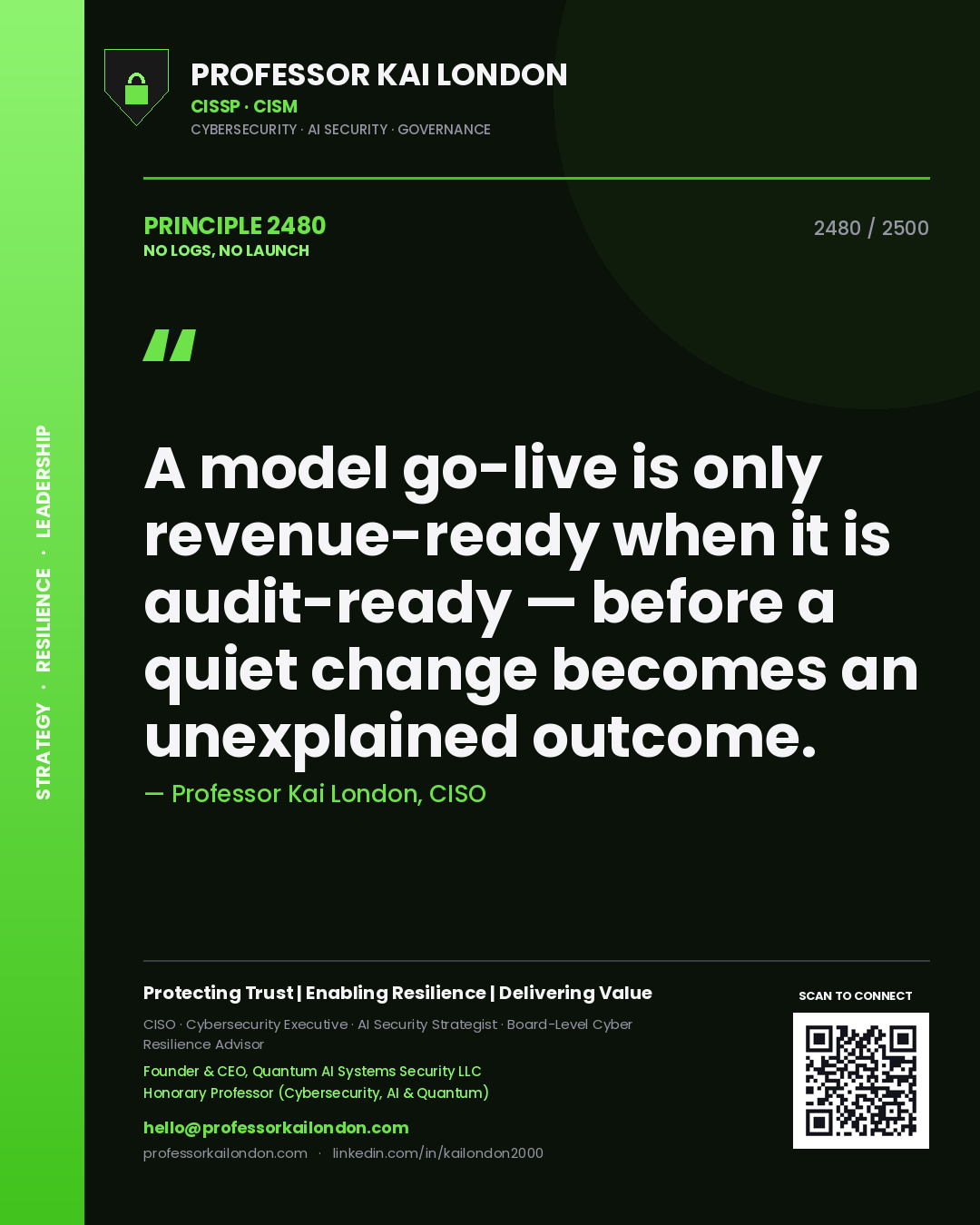 Professor Kai London principle 2480: A model go-live is only revenue-ready when it is audit-ready — before a quiet change becomes an unexplained outcome.