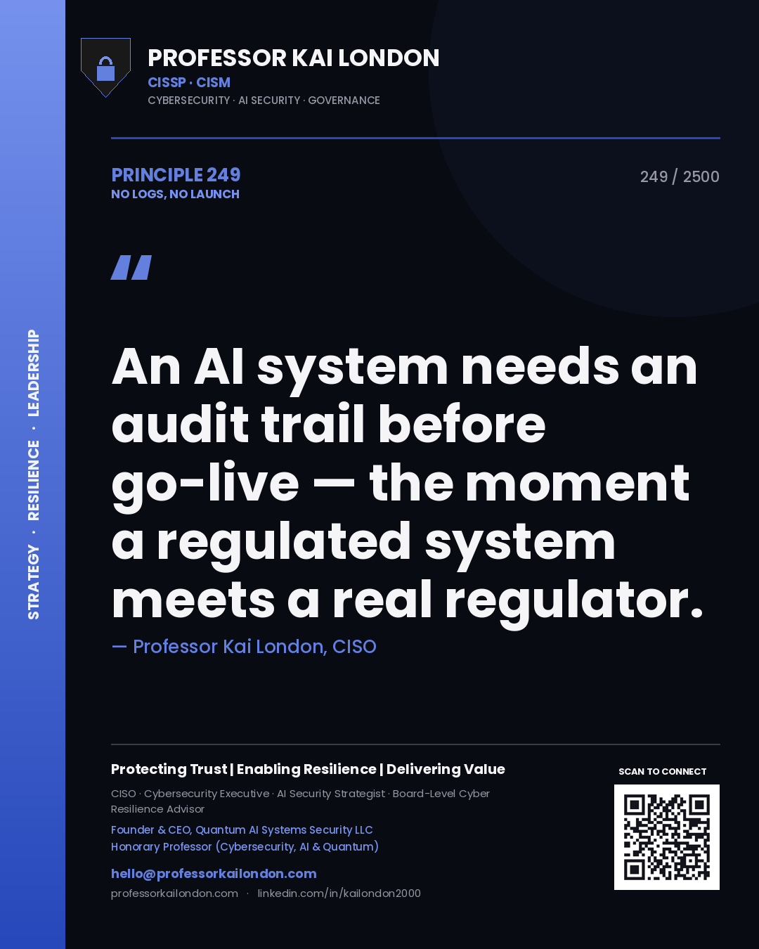 Professor Kai London principle 249: An AI system needs an audit trail before go-live — the moment a regulated system meets a real regulator.