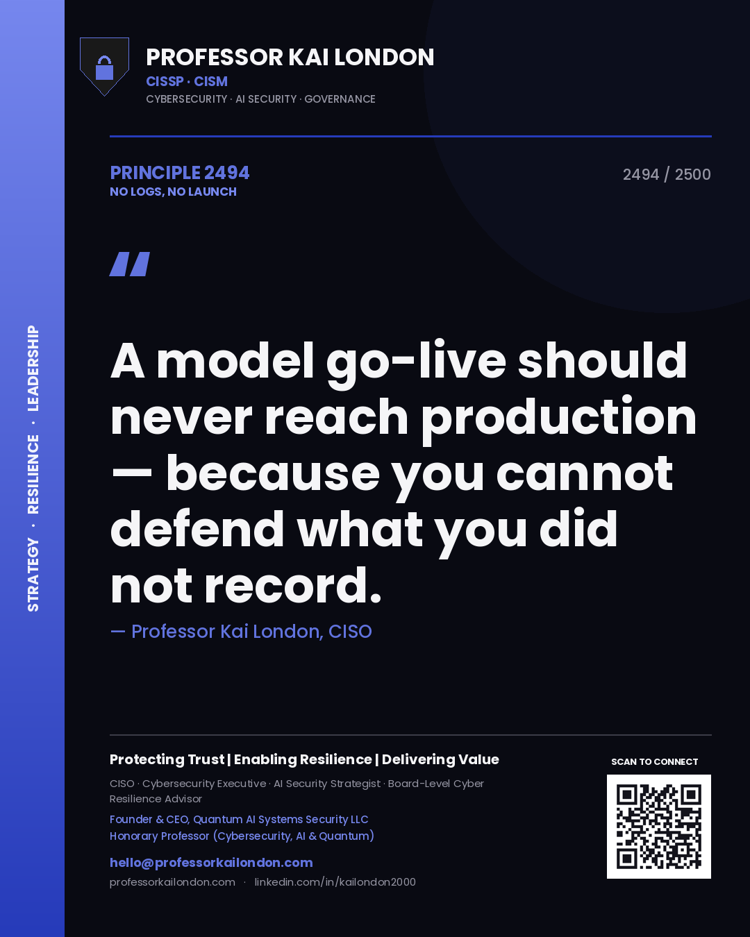 Quote card by Professor Kai London reading 'A model go-live should never reach production — because you cannot defend what you did not record.'. From the book No Logs, No Launch.