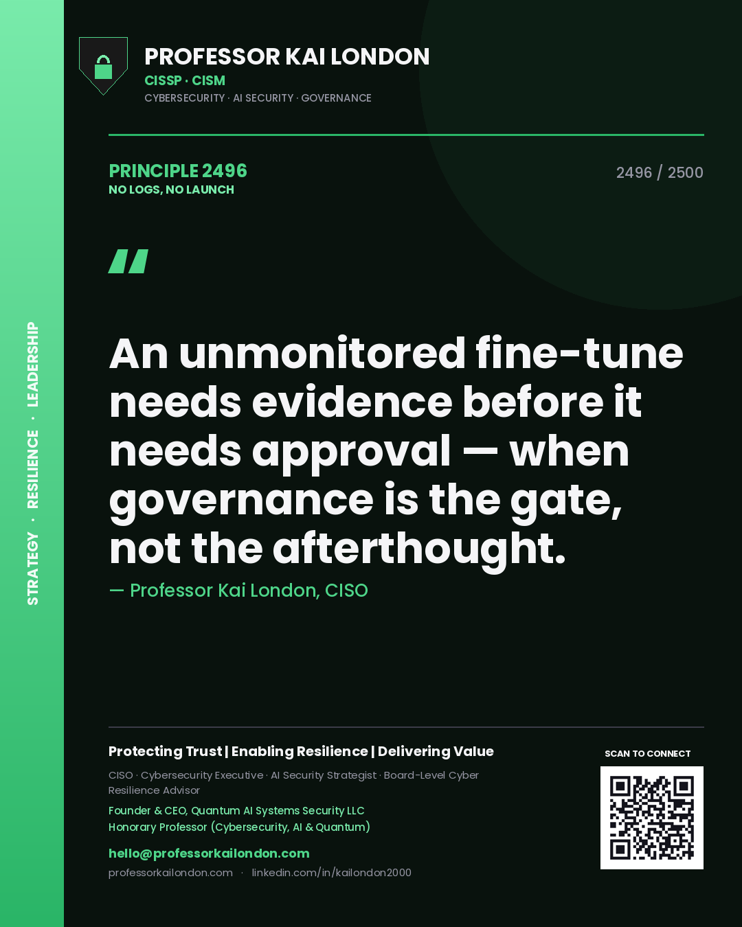 Quote card by Professor Kai London reading 'An unmonitored fine-tune needs evidence before it needs approval — when governance is the gate, not the afterthought.'. From the book No Logs, No Launch.