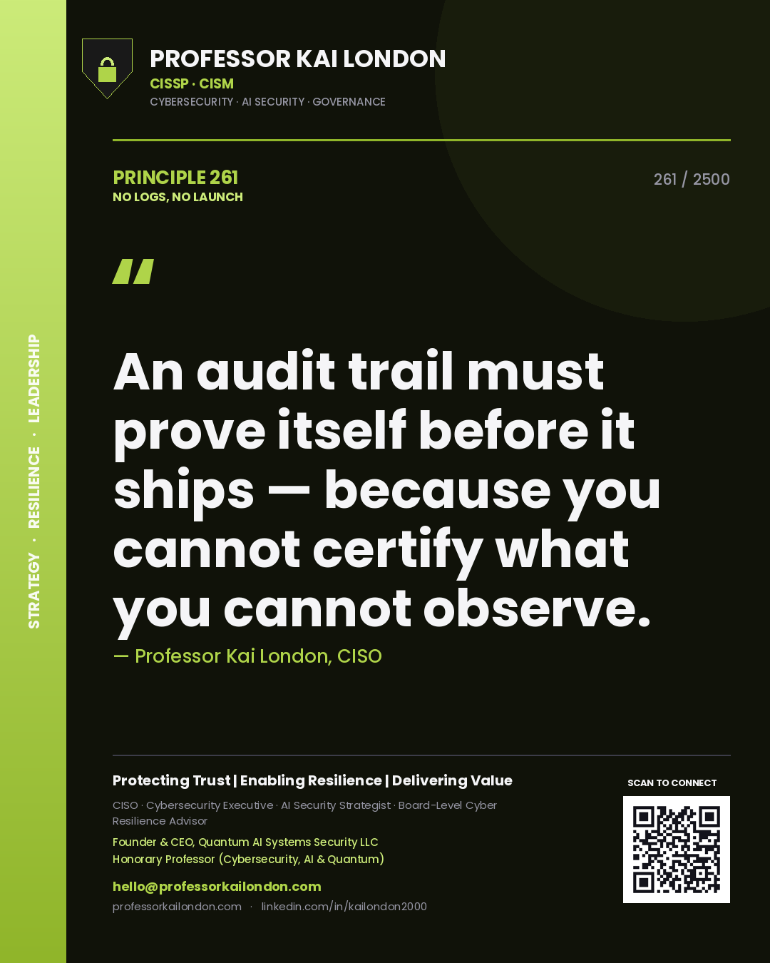 Quote card by Professor Kai London reading 'An audit trail must prove itself before it ships — because you cannot certify what you cannot observe.'. From the book No Logs, No Launch.