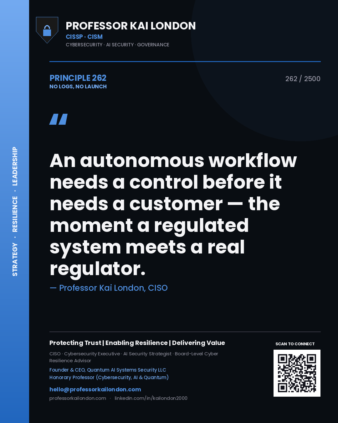 Quote card by Professor Kai London reading 'An autonomous workflow needs a control before it needs a customer — the moment a regulated system meets a real regulator.'. From the book No Logs, No Launch.