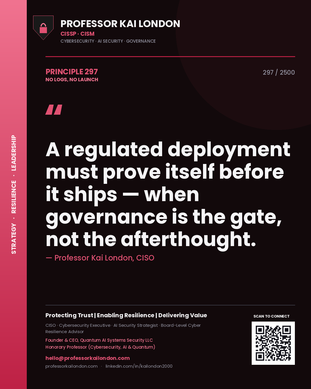 Professor Kai London principle 297: A regulated deployment must prove itself before it ships — when governance is the gate, not the afterthought.