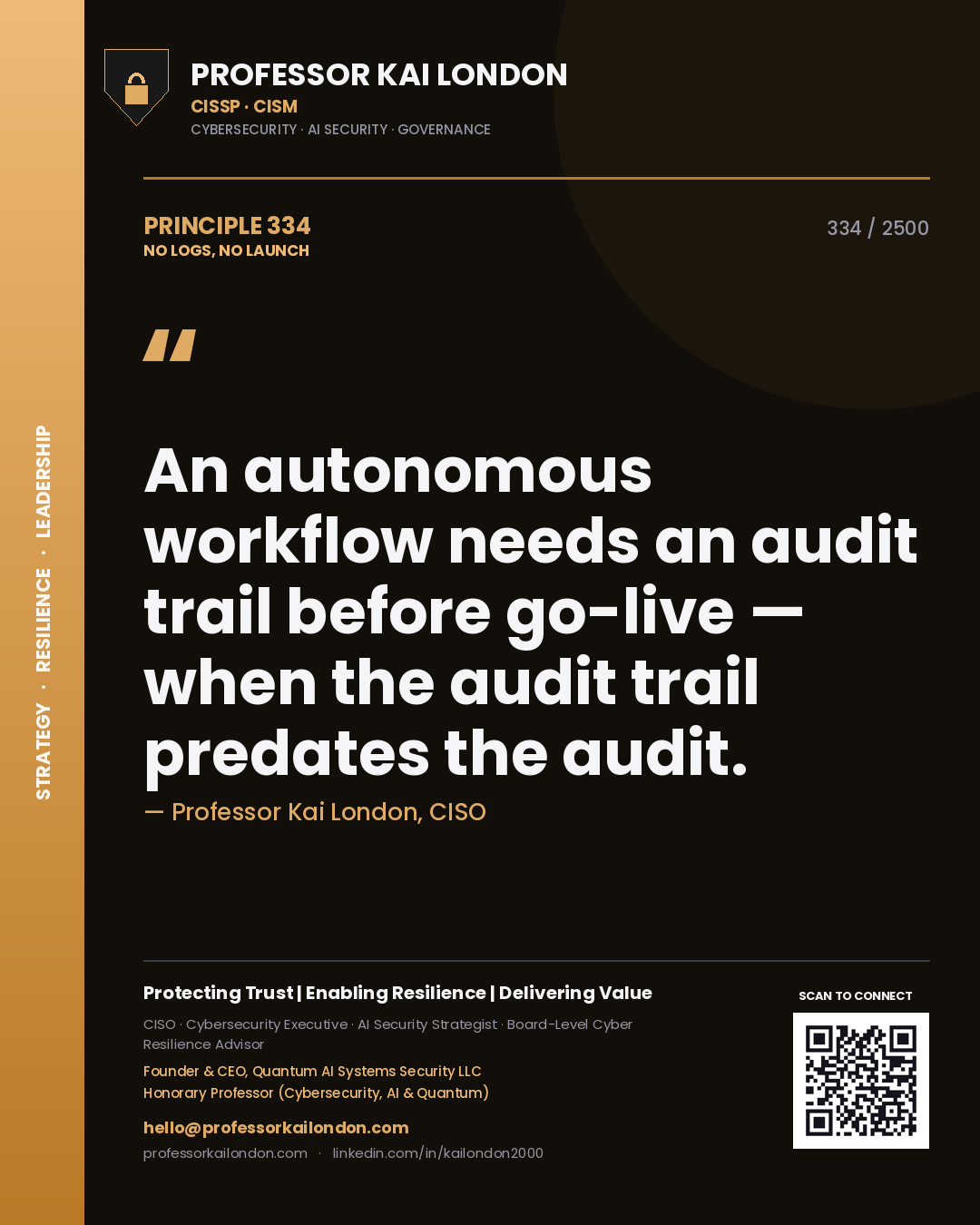 Quote card by Professor Kai London reading 'An autonomous workflow needs an audit trail before go-live — when the audit trail predates the audit.'. From the book No Logs, No Launch.