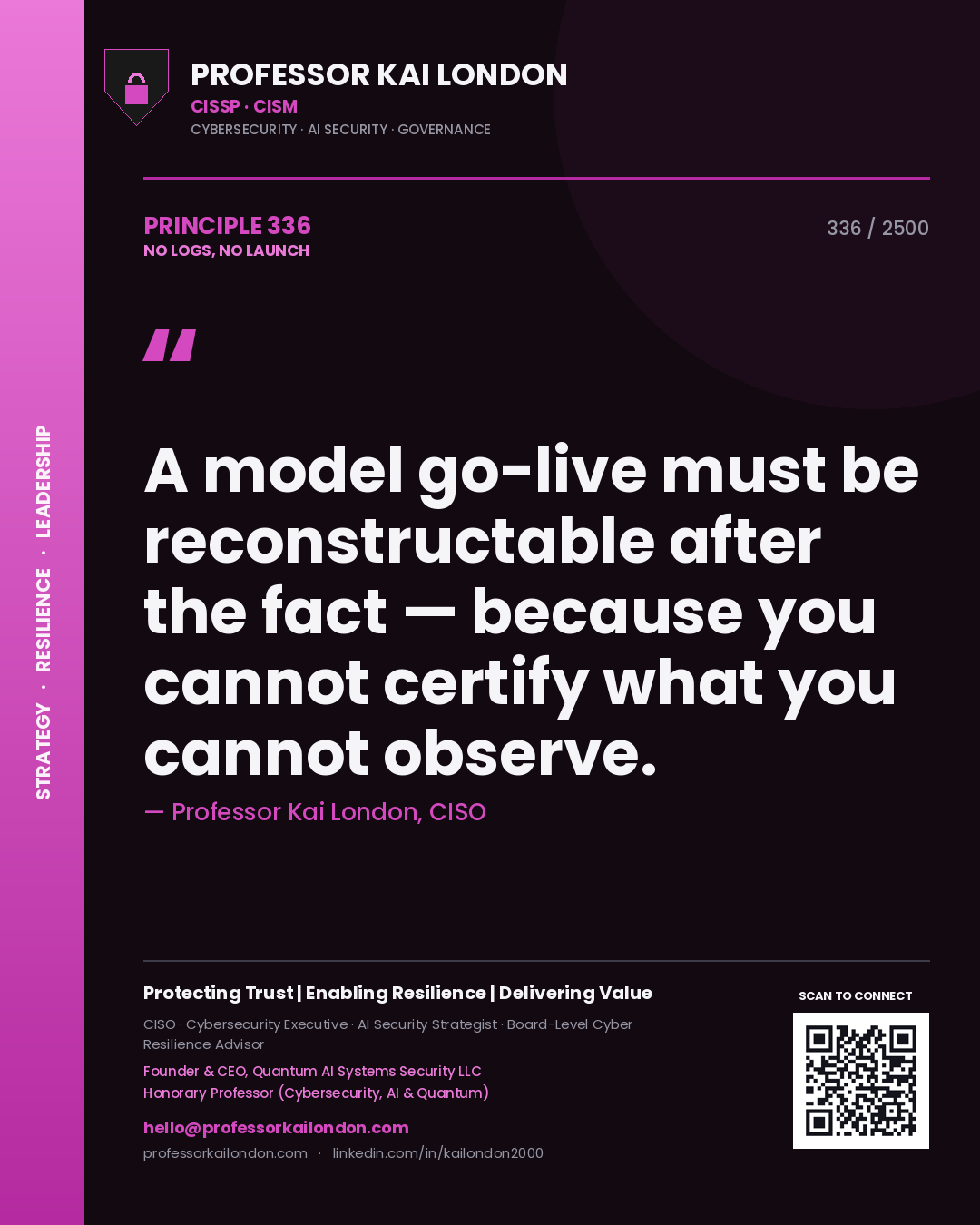 Professor Kai London principle 336: A model go-live must be reconstructable after the fact — because you cannot certify what you cannot observe.