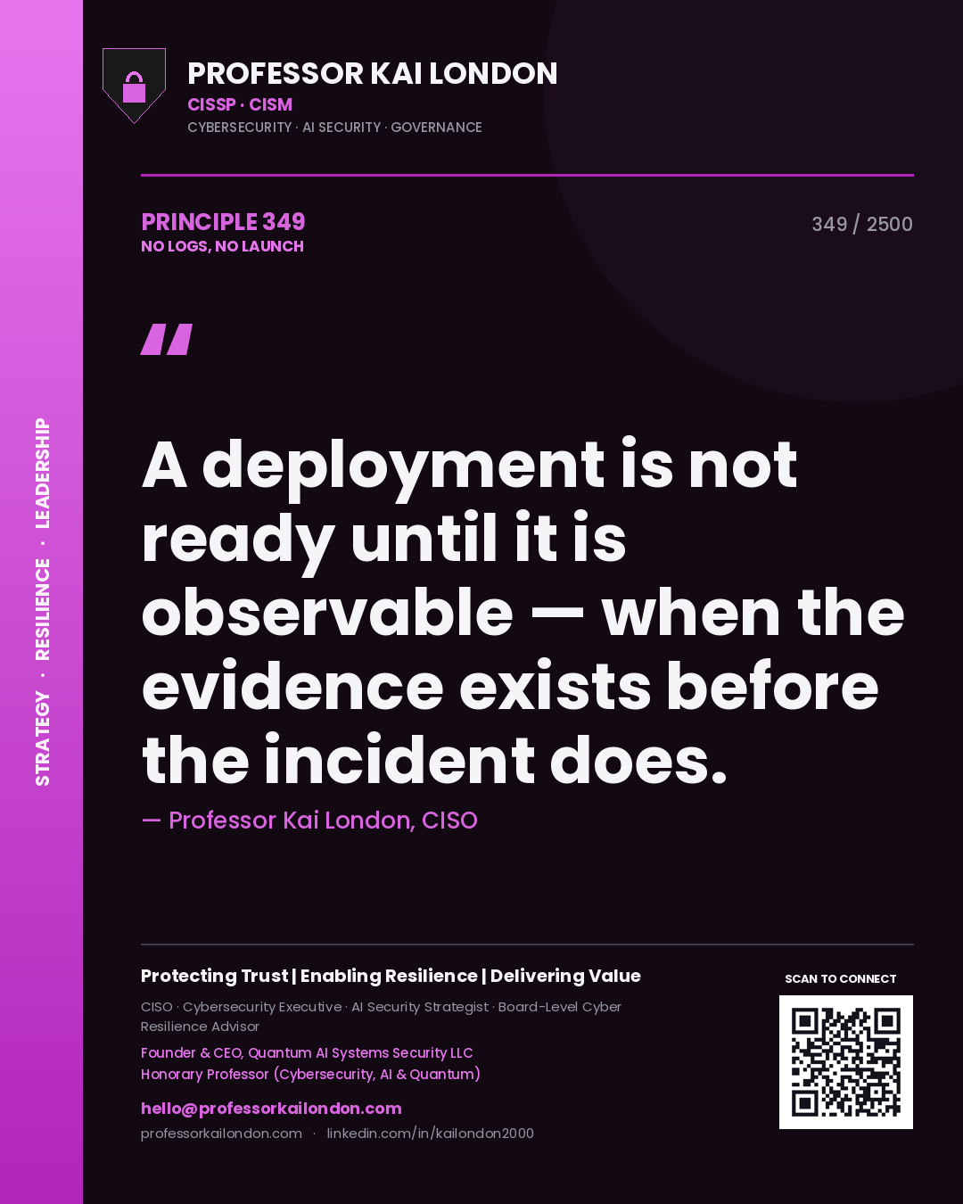 Quote card by Professor Kai London reading 'A deployment is not ready until it is observable — when the evidence exists before the incident does.'. From the book No Logs, No Launch.