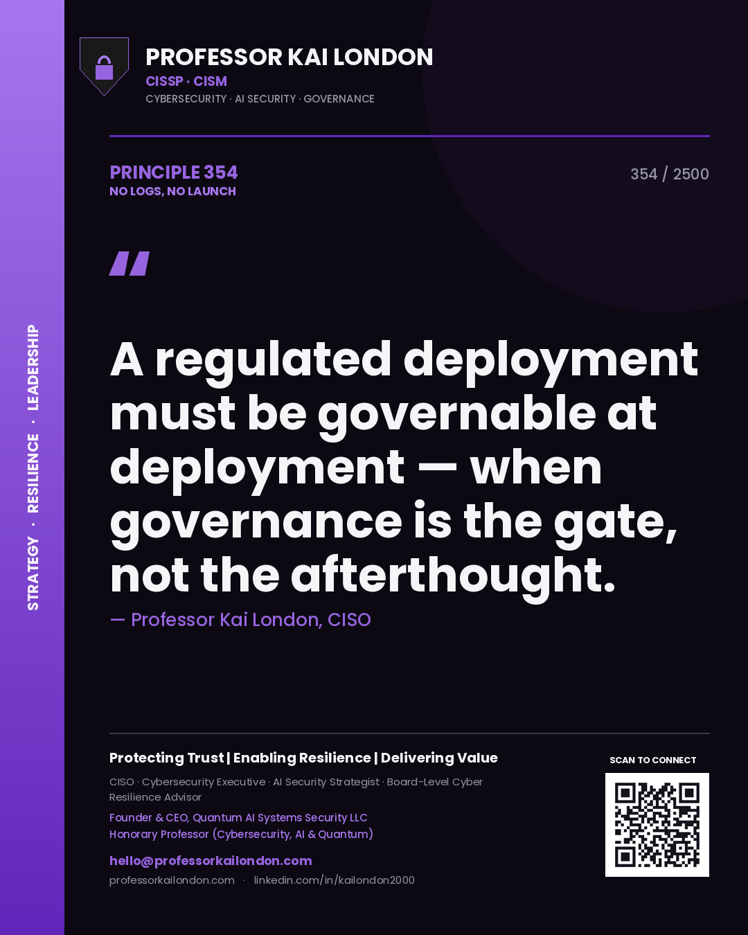 Professor Kai London principle 354: A regulated deployment must be governable at deployment — when governance is the gate, not the afterthought.