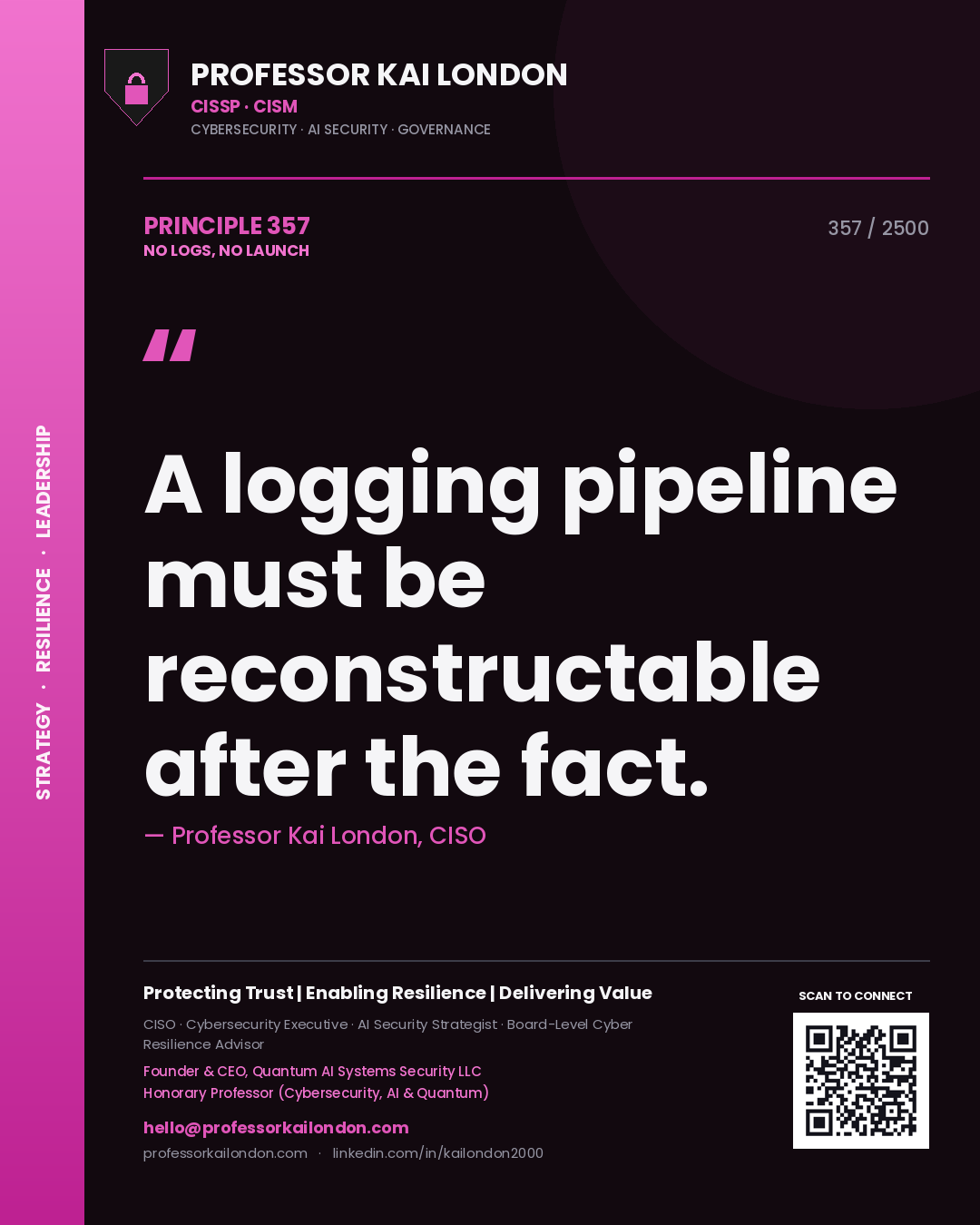 Professor Kai London principle 357: A logging pipeline must be reconstructable after the fact.
