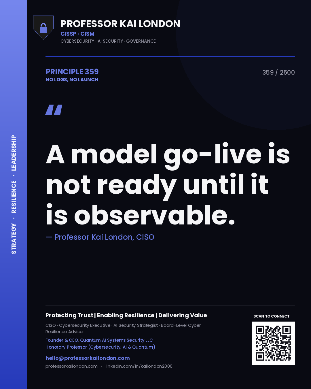 Quote card by Professor Kai London reading 'A model go-live is not ready until it is observable.'. From the book No Logs, No Launch.