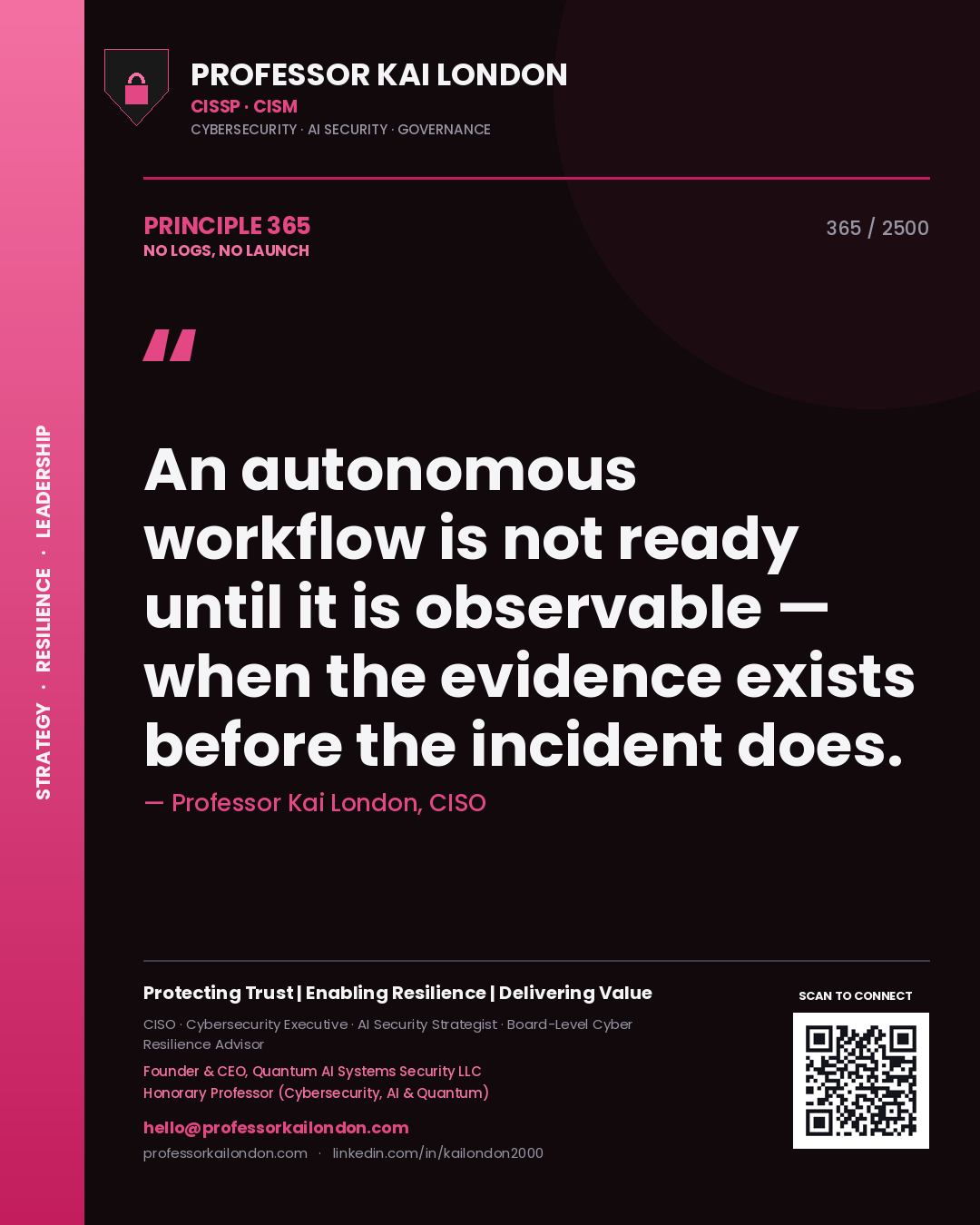Professor Kai London principle 365: An autonomous workflow is not ready until it is observable — when the evidence exists before the incident does.