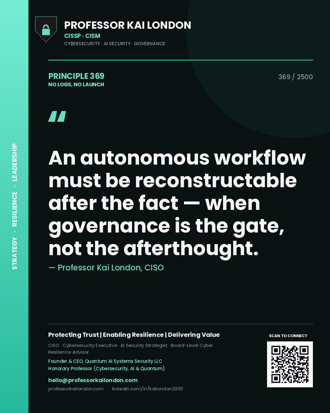 Professor Kai London principle 369: An autonomous workflow must be reconstructable after the fact — when governance is the gate, not the afterthought.