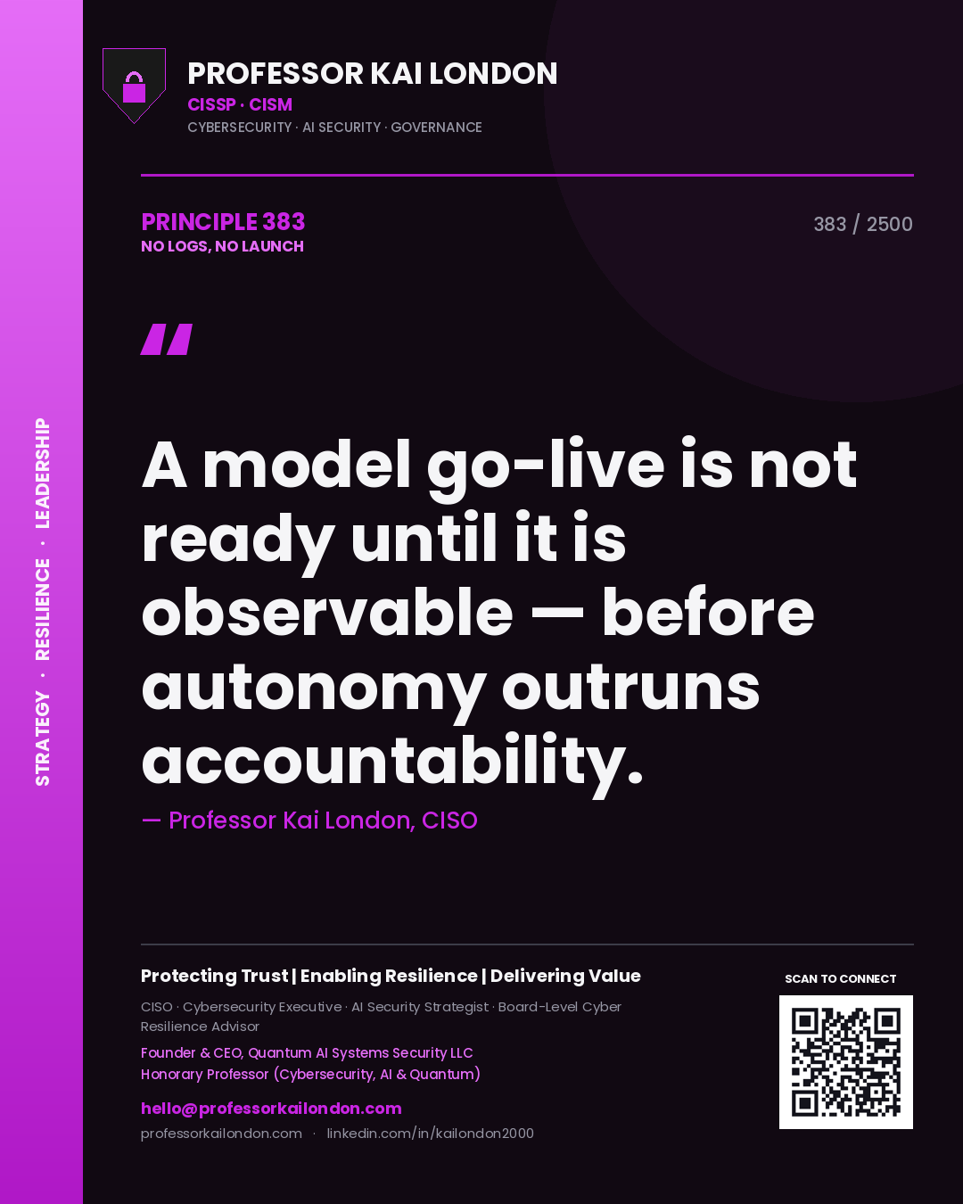 Professor Kai London principle 383: A model go-live is not ready until it is observable — before autonomy outruns accountability.
