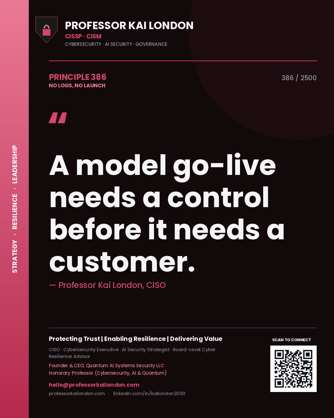 Quote card by Professor Kai London reading 'A model go-live needs a control before it needs a customer.'. From the book No Logs, No Launch.
