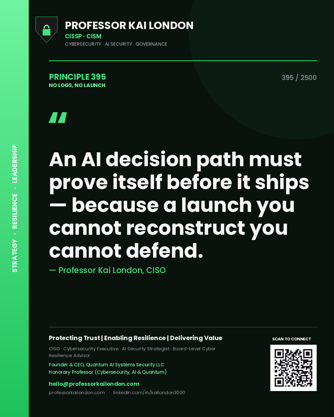 Quote card by Professor Kai London reading 'An AI decision path must prove itself before it ships — because a launch you cannot reconstruct you cannot defend.'. From the book No Logs, No Launch.