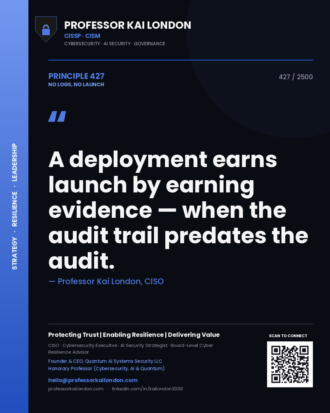 Professor Kai London principle 427: A deployment earns launch by earning evidence — when the audit trail predates the audit.