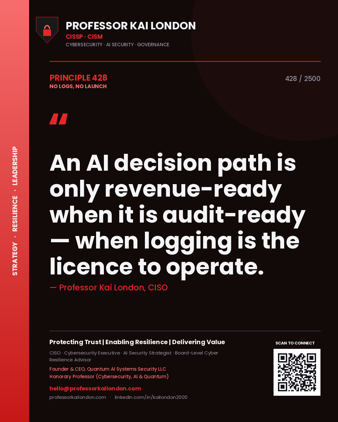 Quote card by Professor Kai London reading 'An AI decision path is only revenue-ready when it is audit-ready — when logging is the licence to operate.'. From the book No Logs, No Launch.