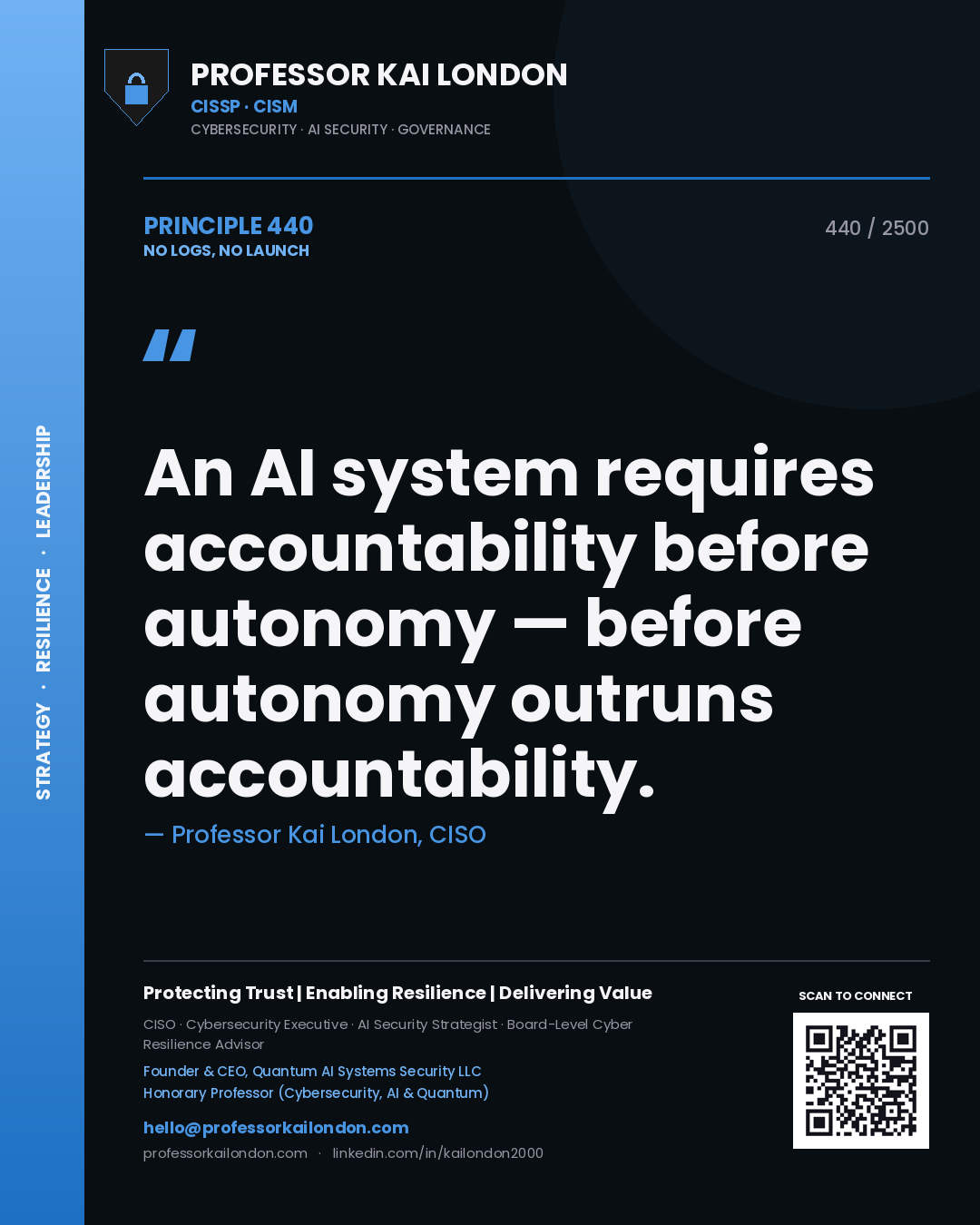 Quote card by Professor Kai London reading 'An AI system requires accountability before autonomy — before autonomy outruns accountability.'. From the book No Logs, No Launch.