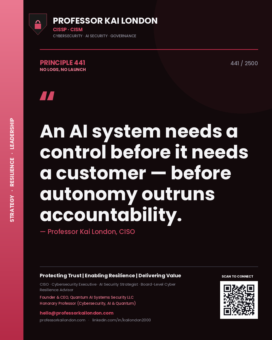 Professor Kai London principle 441: An AI system needs a control before it needs a customer — before autonomy outruns accountability.