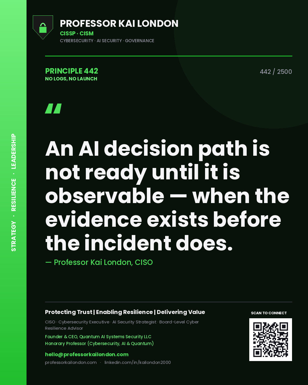 Quote card by Professor Kai London reading 'An AI decision path is not ready until it is observable — when the evidence exists before the incident does.'. From the book No Logs, No Launch.