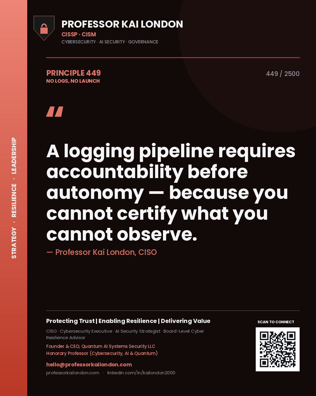 Quote card by Professor Kai London reading 'A logging pipeline requires accountability before autonomy — because you cannot certify what you cannot observe.'. From the book No Logs, No Launch.