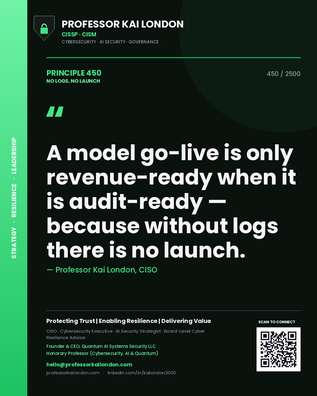 Quote card by Professor Kai London reading 'A model go-live is only revenue-ready when it is audit-ready — because without logs there is no launch.'. From the book No Logs, No Launch.