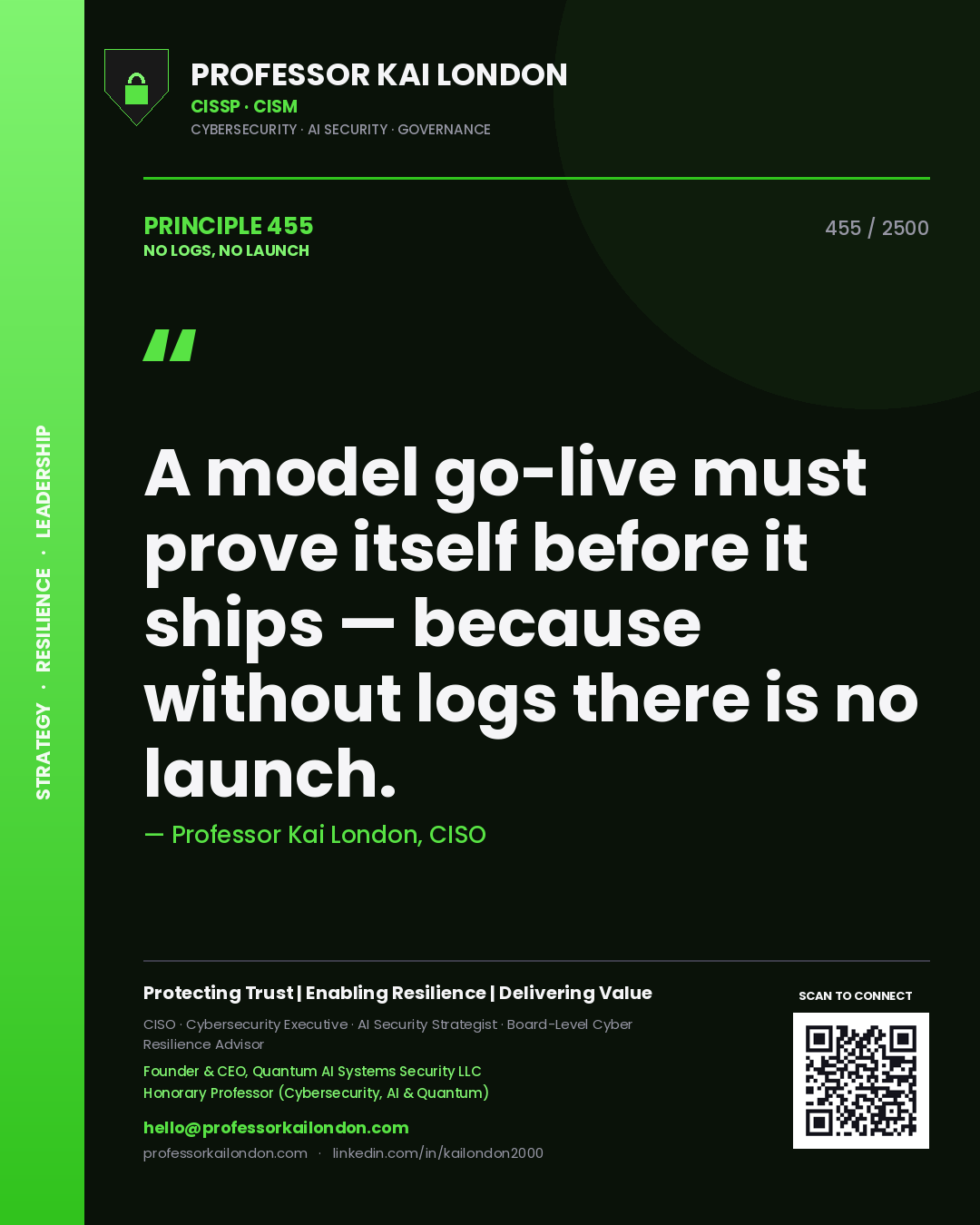 Quote card by Professor Kai London reading 'A model go-live must prove itself before it ships — because without logs there is no launch.'. From the book No Logs, No Launch.