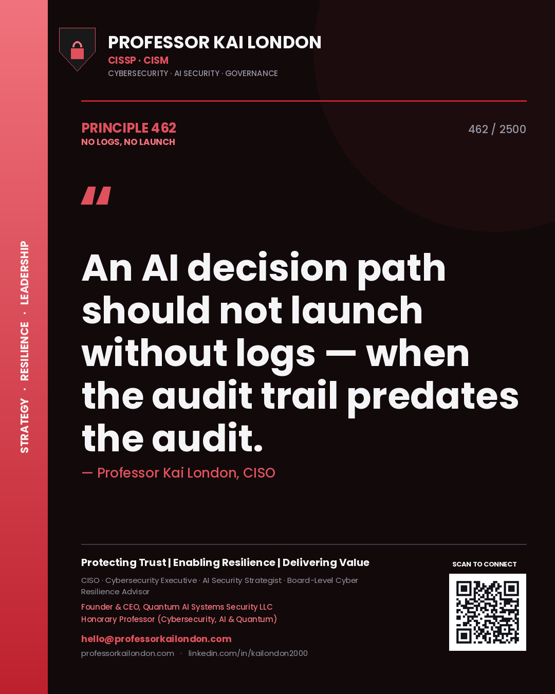 Quote card by Professor Kai London reading 'An AI decision path should not launch without logs — when the audit trail predates the audit.'. From the book No Logs, No Launch.