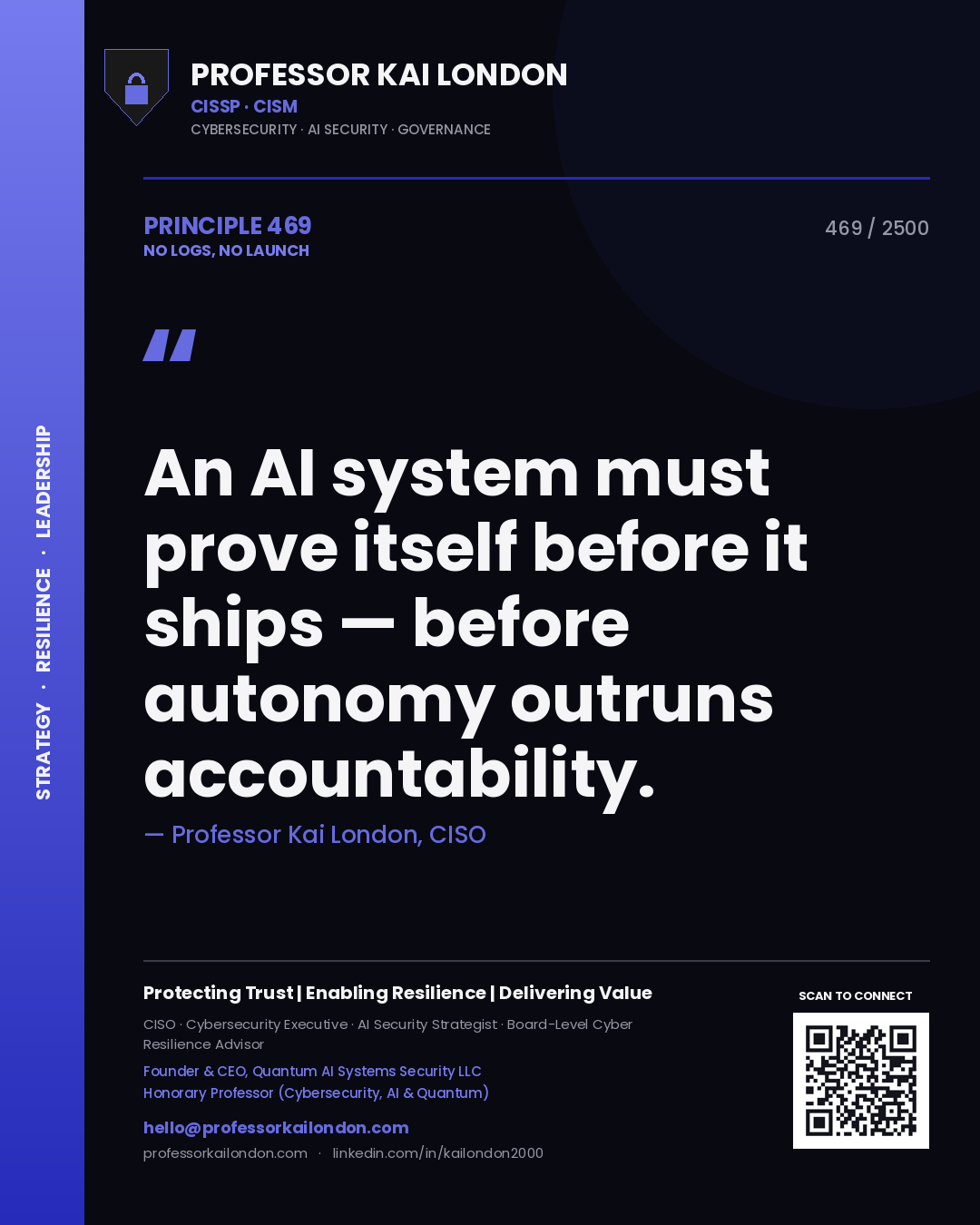 Quote card by Professor Kai London reading 'An AI system must prove itself before it ships — before autonomy outruns accountability.'. From the book No Logs, No Launch.