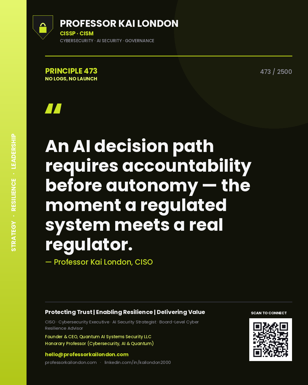 Quote card by Professor Kai London reading 'An AI decision path requires accountability before autonomy — the moment a regulated system meets a real regulator.'. From the book No Logs, No Launch.