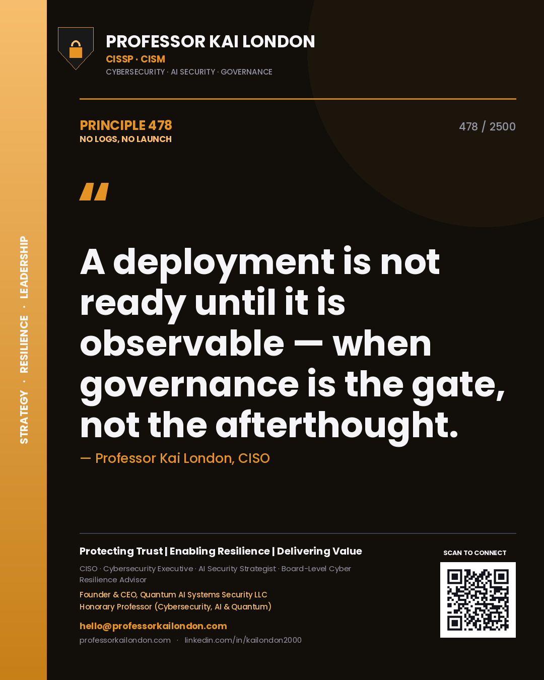 Quote card by Professor Kai London reading 'A deployment is not ready until it is observable — when governance is the gate, not the afterthought.'. From the book No Logs, No Launch.