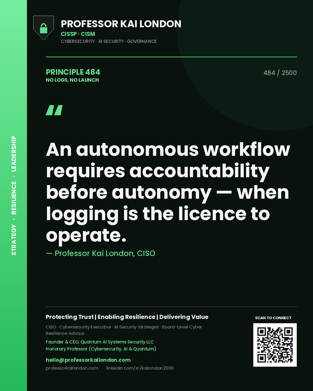 Professor Kai London principle 484: An autonomous workflow requires accountability before autonomy — when logging is the licence to operate.