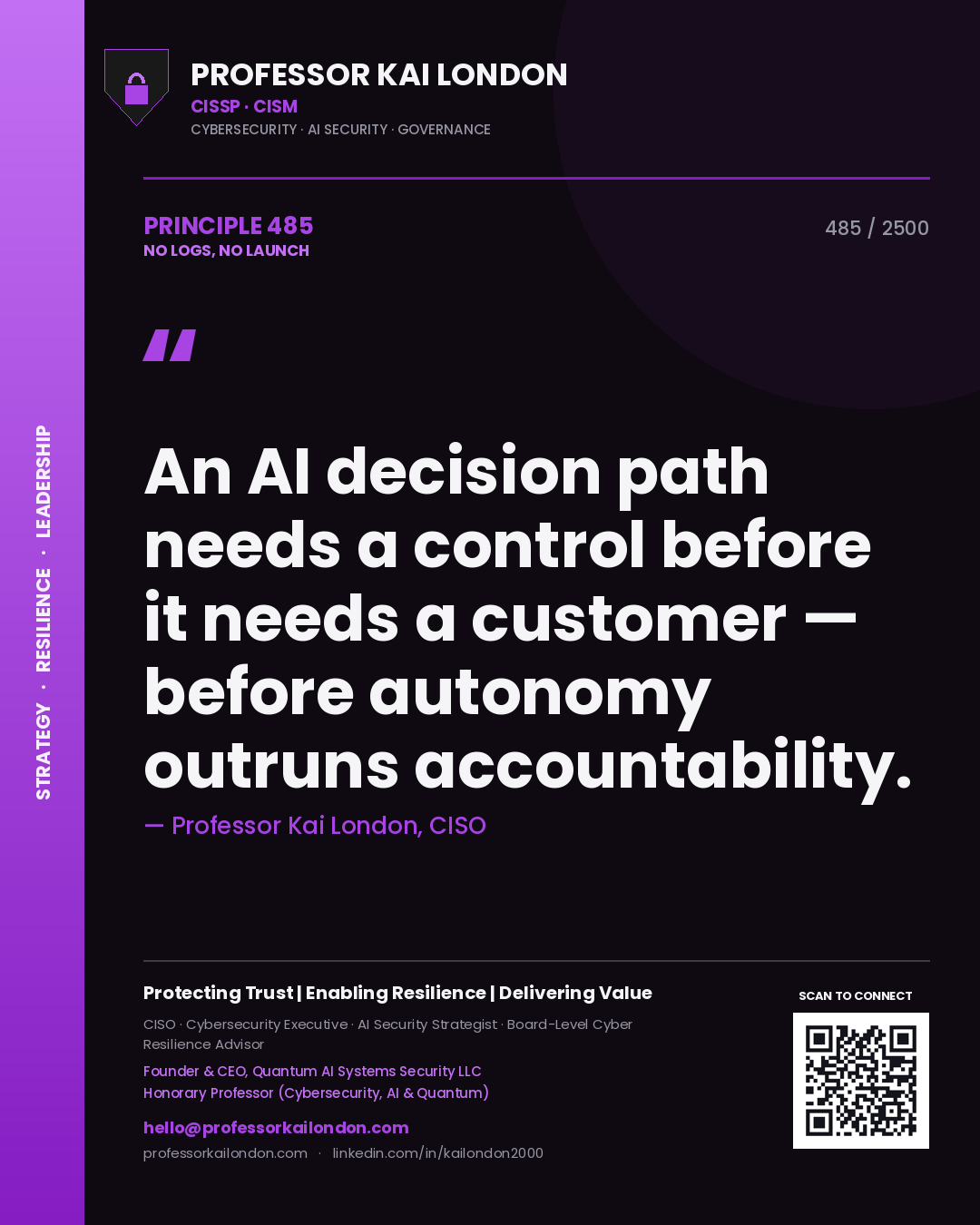 Quote card by Professor Kai London reading 'An AI decision path needs a control before it needs a customer — before autonomy outruns accountability.'. From the book No Logs, No Launch.