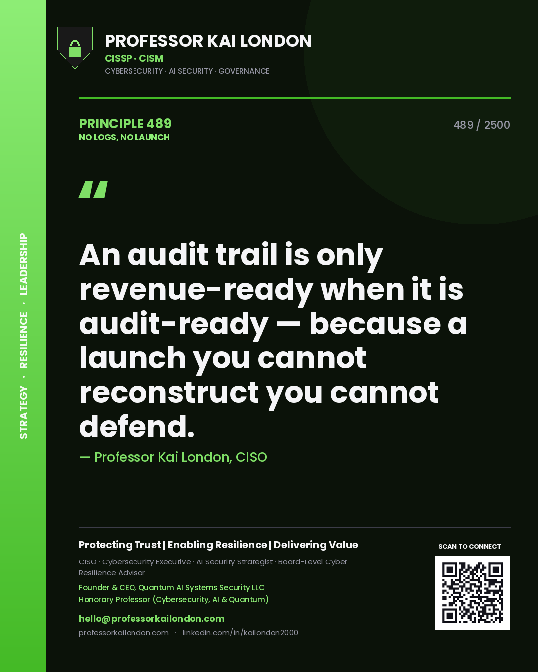 Quote card by Professor Kai London reading 'An audit trail is only revenue-ready when it is audit-ready — because a launch you cannot reconstruct you cannot defend.'. From the book No Logs, No Launch.