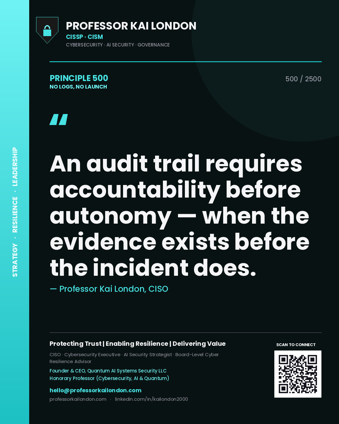 Professor Kai London principle 500: An audit trail requires accountability before autonomy — when the evidence exists before the incident does.