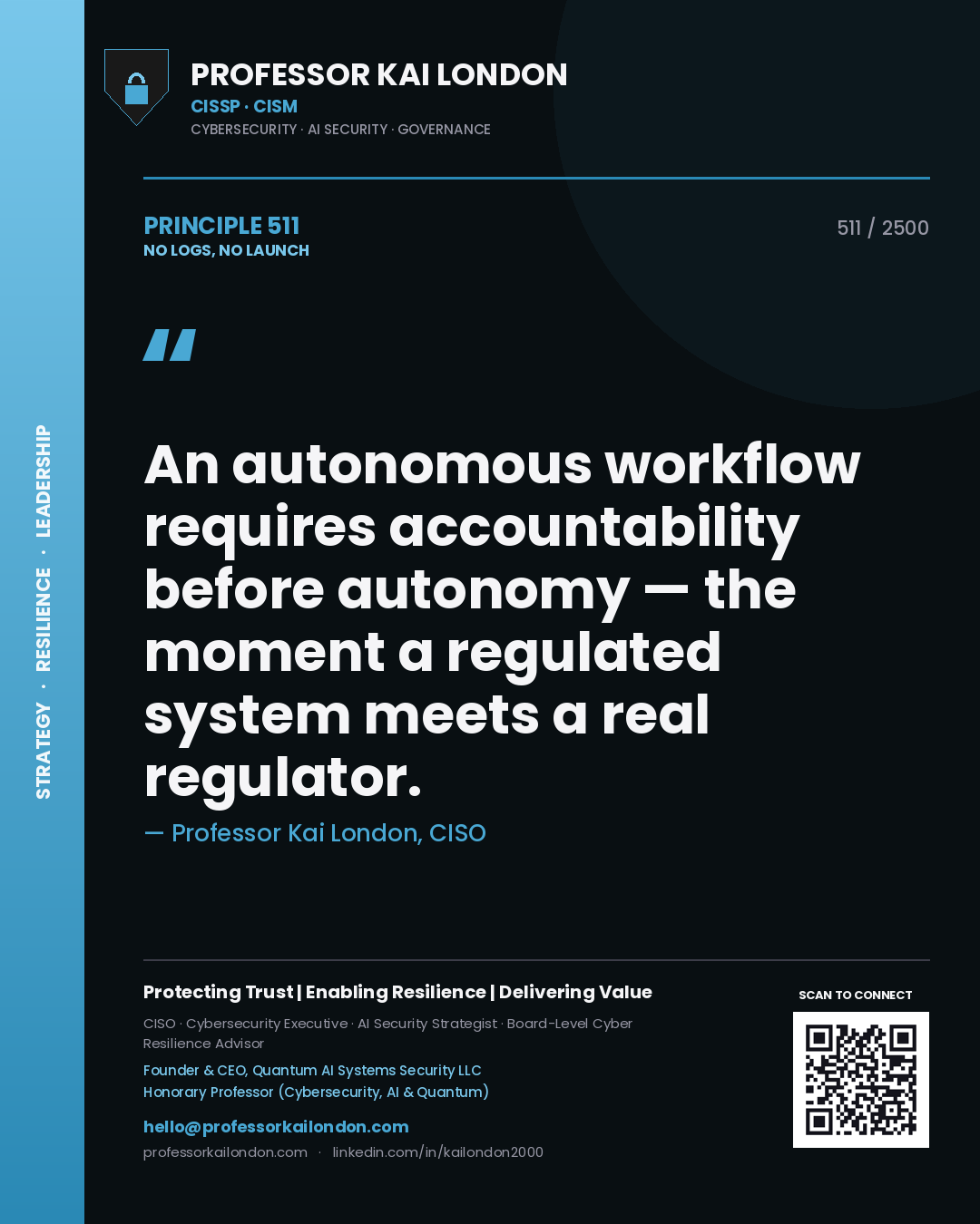 Professor Kai London principle 511: An autonomous workflow requires accountability before autonomy — the moment a regulated system meets a real regulator.