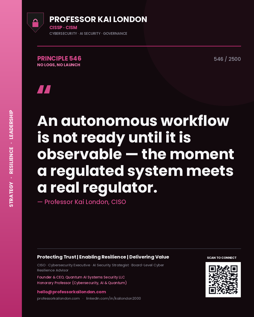 Professor Kai London principle 546: An autonomous workflow is not ready until it is observable — the moment a regulated system meets a real regulator.
