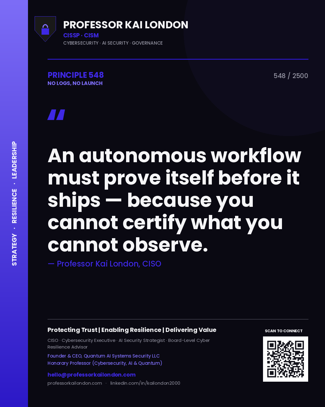 Quote card by Professor Kai London reading 'An autonomous workflow must prove itself before it ships — because you cannot certify what you cannot observe.'. From the book No Logs, No Launch.
