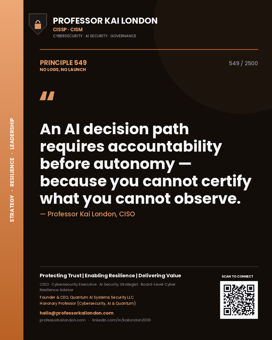 Quote card by Professor Kai London reading 'An AI decision path requires accountability before autonomy — because you cannot certify what you cannot observe.'. From the book No Logs, No Launch.