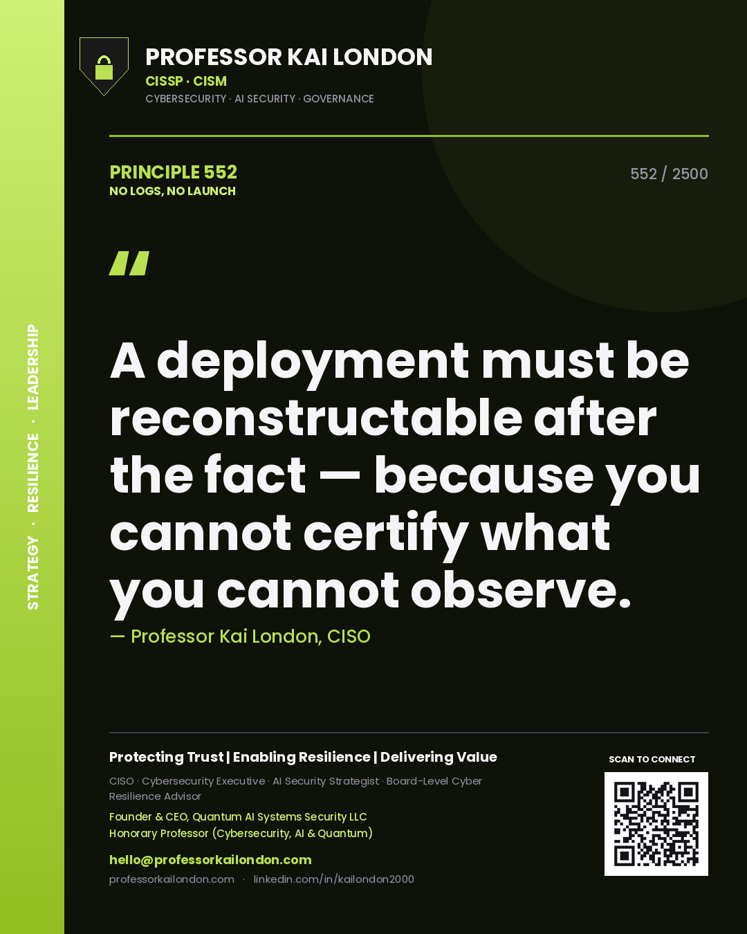 Quote card by Professor Kai London reading 'A deployment must be reconstructable after the fact — because you cannot certify what you cannot observe.'. From the book No Logs, No Launch.