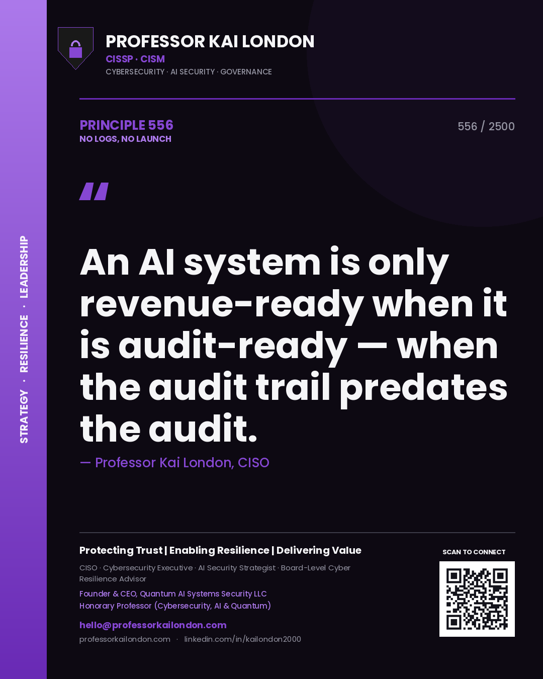 Professor Kai London principle 556: An AI system is only revenue-ready when it is audit-ready — when the audit trail predates the audit.