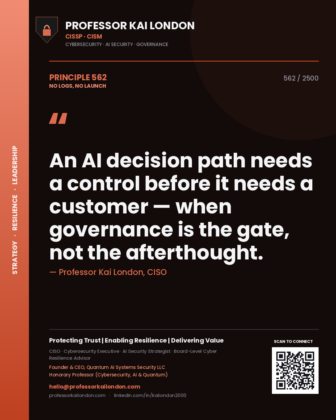 Quote card by Professor Kai London reading 'An AI decision path needs a control before it needs a customer — when governance is the gate, not the afterthought.'. From the book No Logs, No Launch.