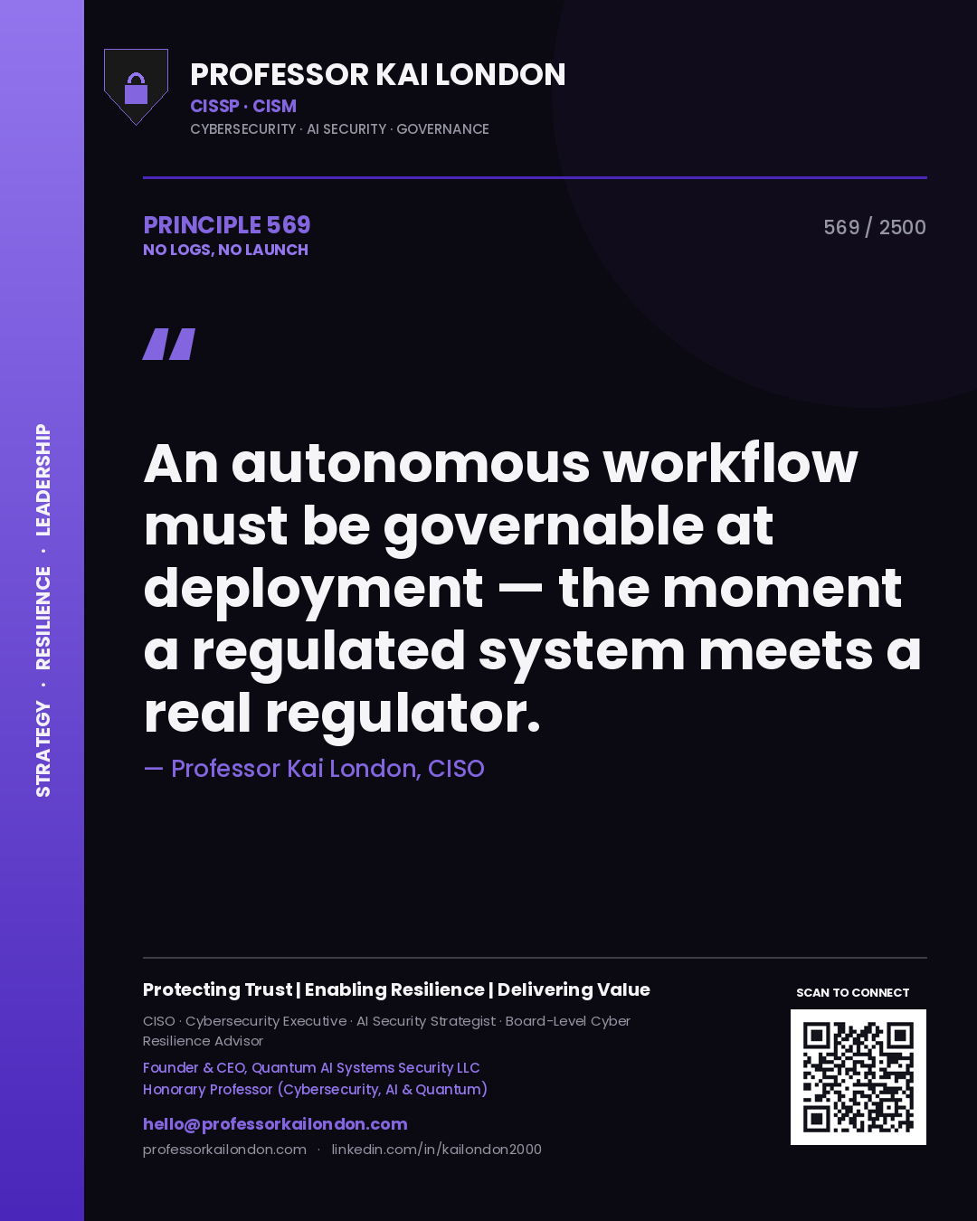 Quote card by Professor Kai London reading 'An autonomous workflow must be governable at deployment — the moment a regulated system meets a real regulator.'. From the book No Logs, No Launch.