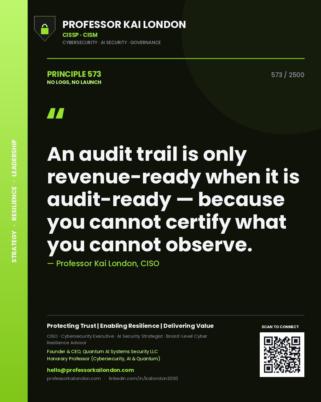 Quote card by Professor Kai London reading 'An audit trail is only revenue-ready when it is audit-ready — because you cannot certify what you cannot observe.'. From the book No Logs, No Launch.