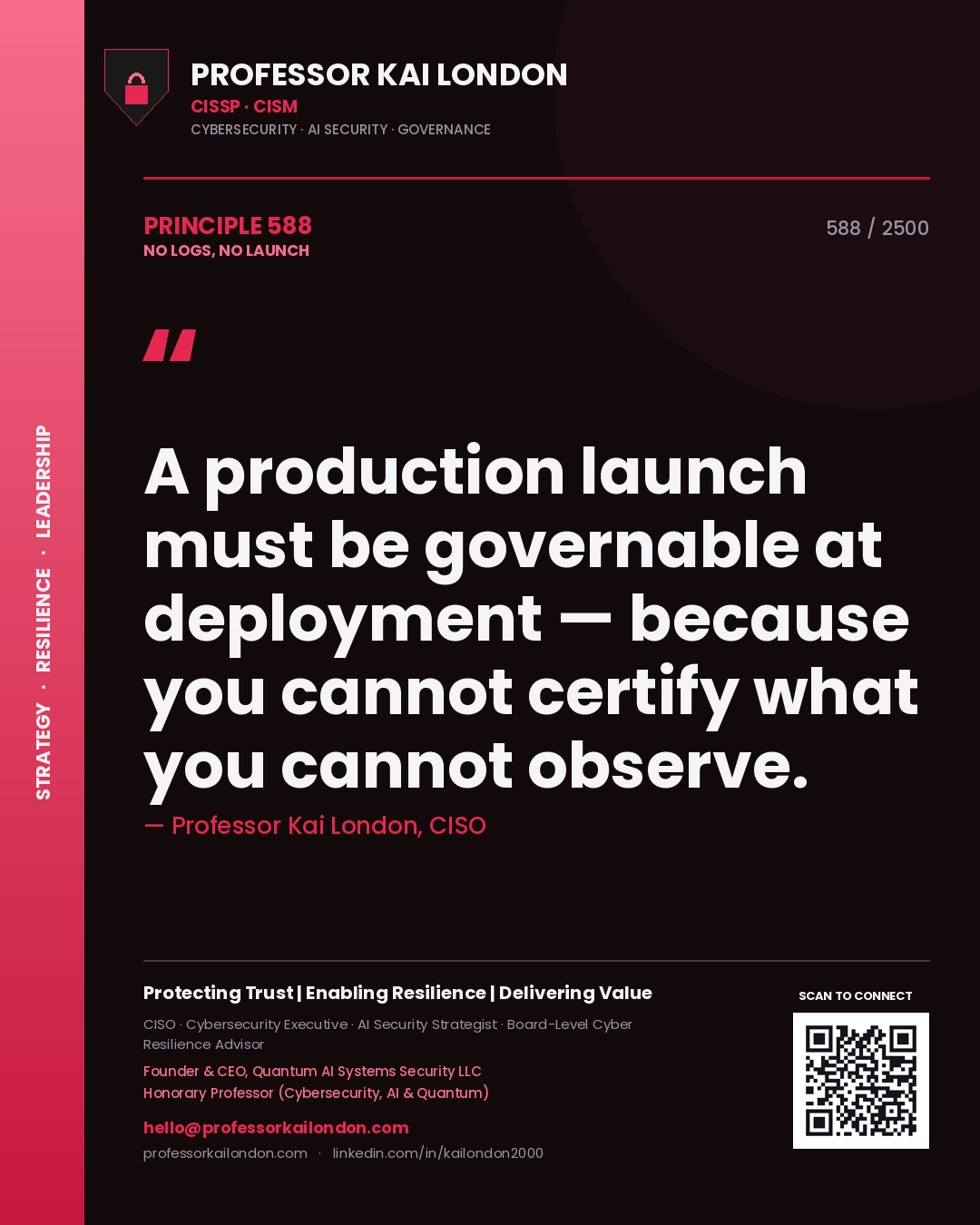 Professor Kai London principle 588: A production launch must be governable at deployment — because you cannot certify what you cannot observe.