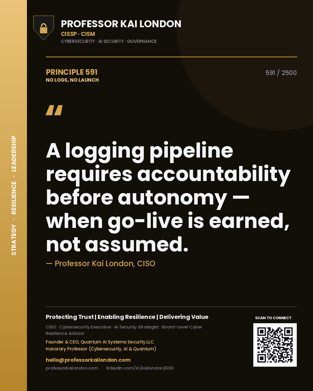 Professor Kai London principle 591: A logging pipeline requires accountability before autonomy — when go-live is earned, not assumed.