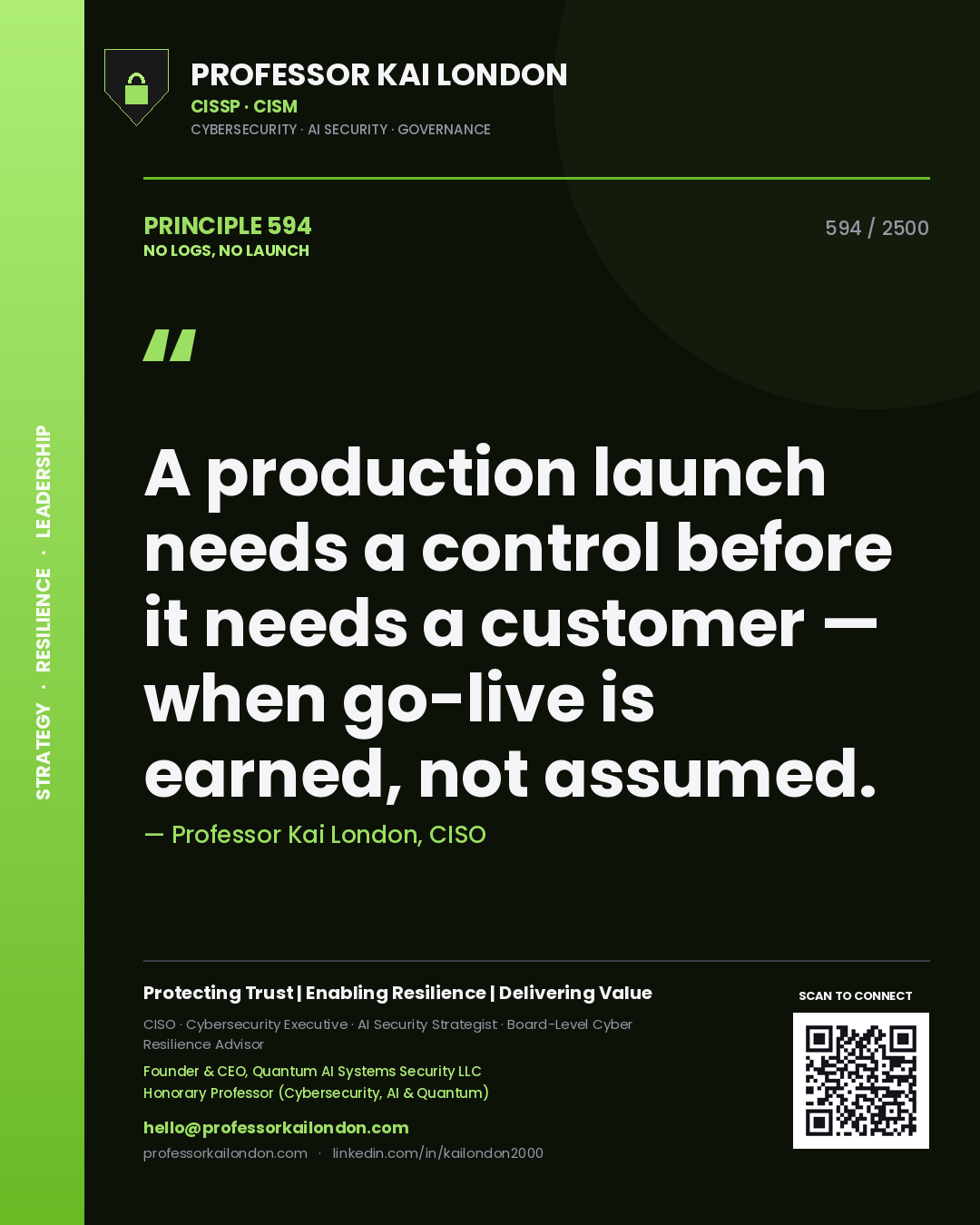 Quote card by Professor Kai London reading 'A production launch needs a control before it needs a customer — when go-live is earned, not assumed.'. From the book No Logs, No Launch.