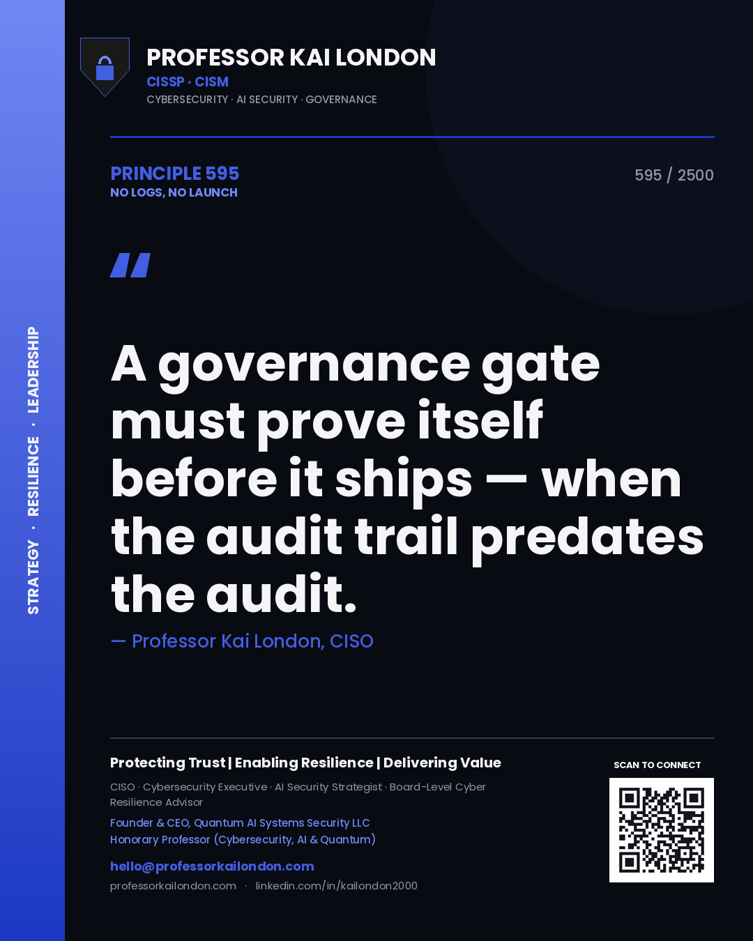 Quote card by Professor Kai London reading 'A governance gate must prove itself before it ships — when the audit trail predates the audit.'. From the book No Logs, No Launch.