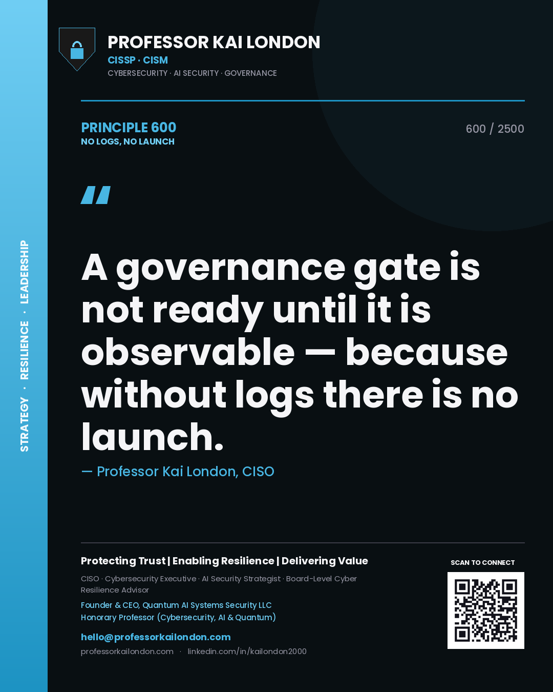Quote card by Professor Kai London reading 'A governance gate is not ready until it is observable — because without logs there is no launch.'. From the book No Logs, No Launch.
